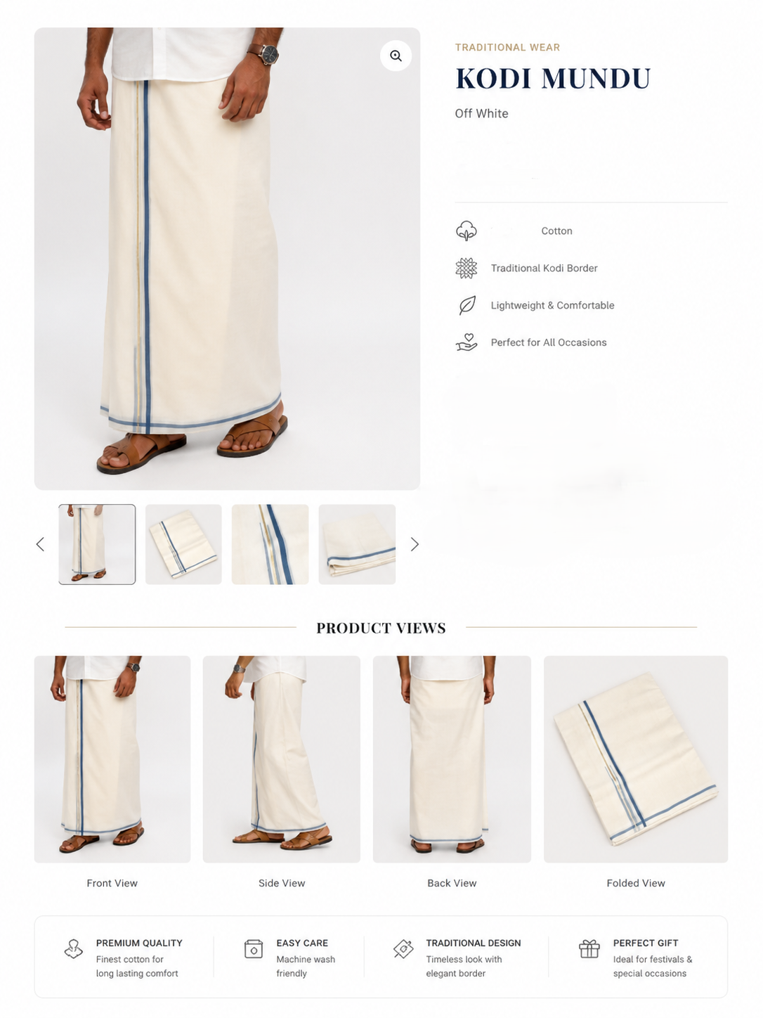 Premium Off-White Cotton Double Mundu with Teal Blue