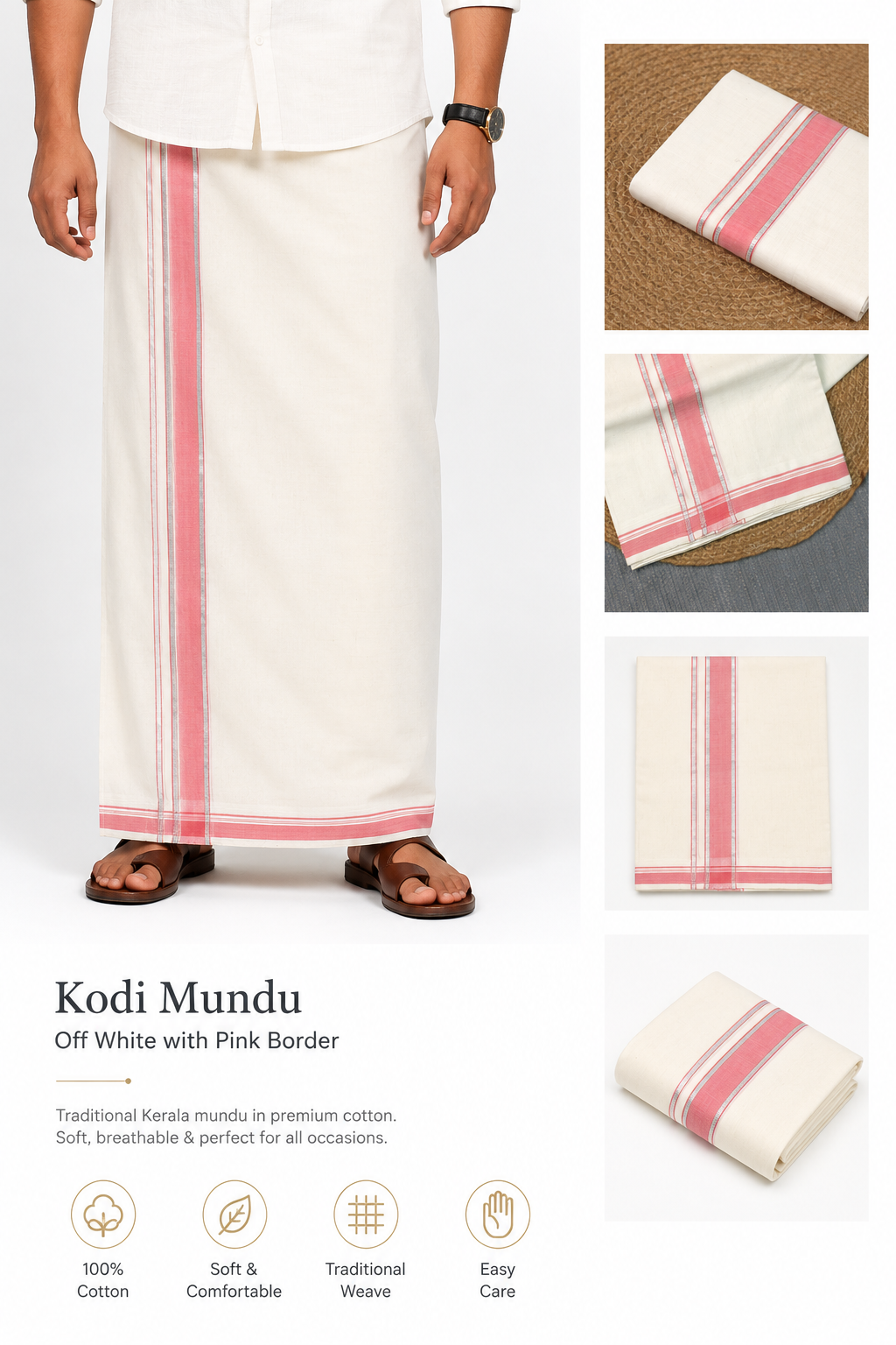 Cream Kodi Cotton Double Mundu with Pink and Silver Kasavu