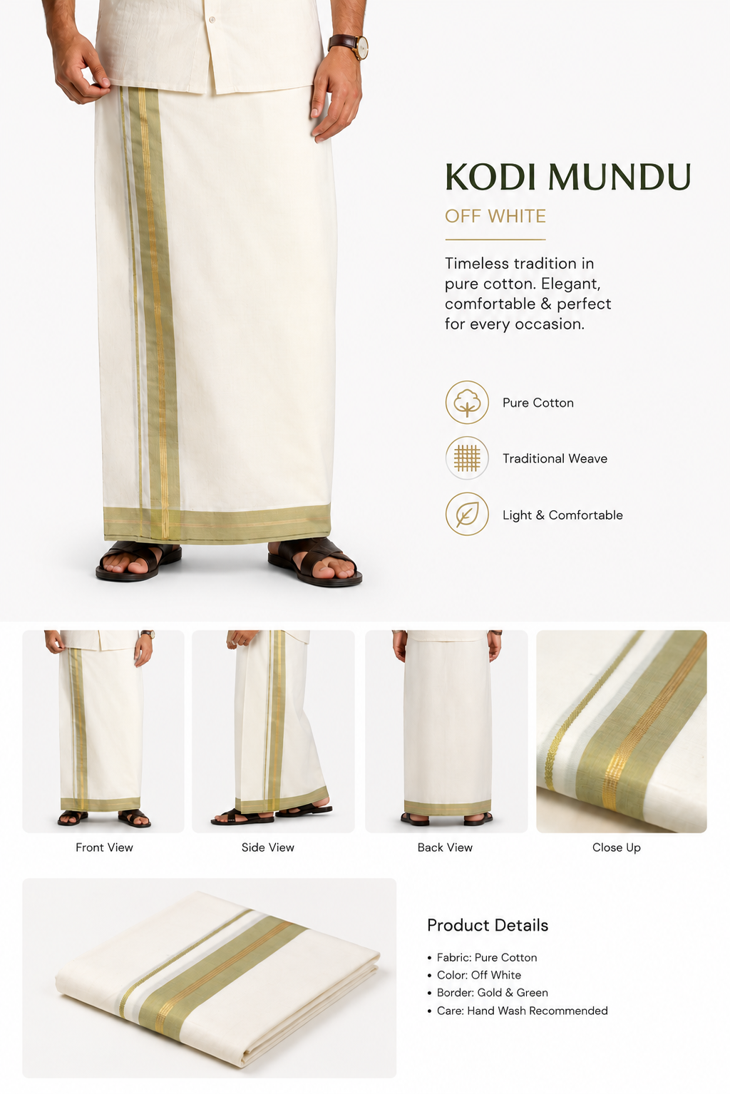 Premium Cream  Cotton Double Mundu with Olive Green & Gold Kasavu Border