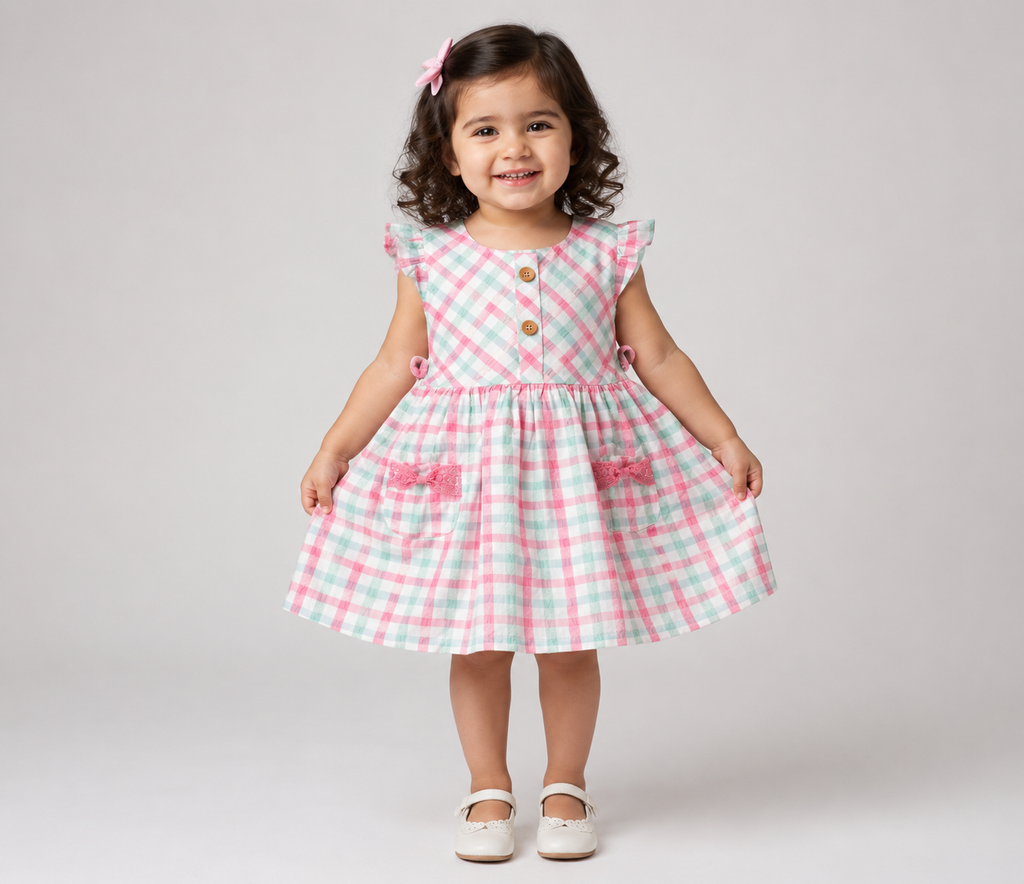 Pastel Checkered Kids Frock with Bow Pocket Detail