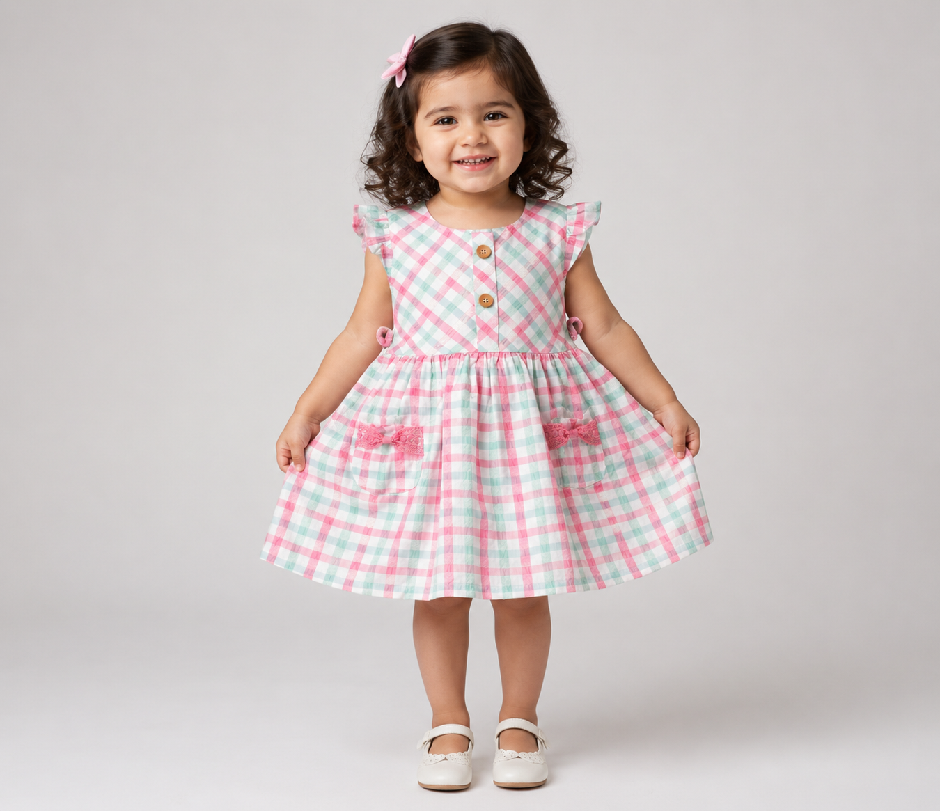 Pastel Checkered Kids Frock with Bow Pocket Detail