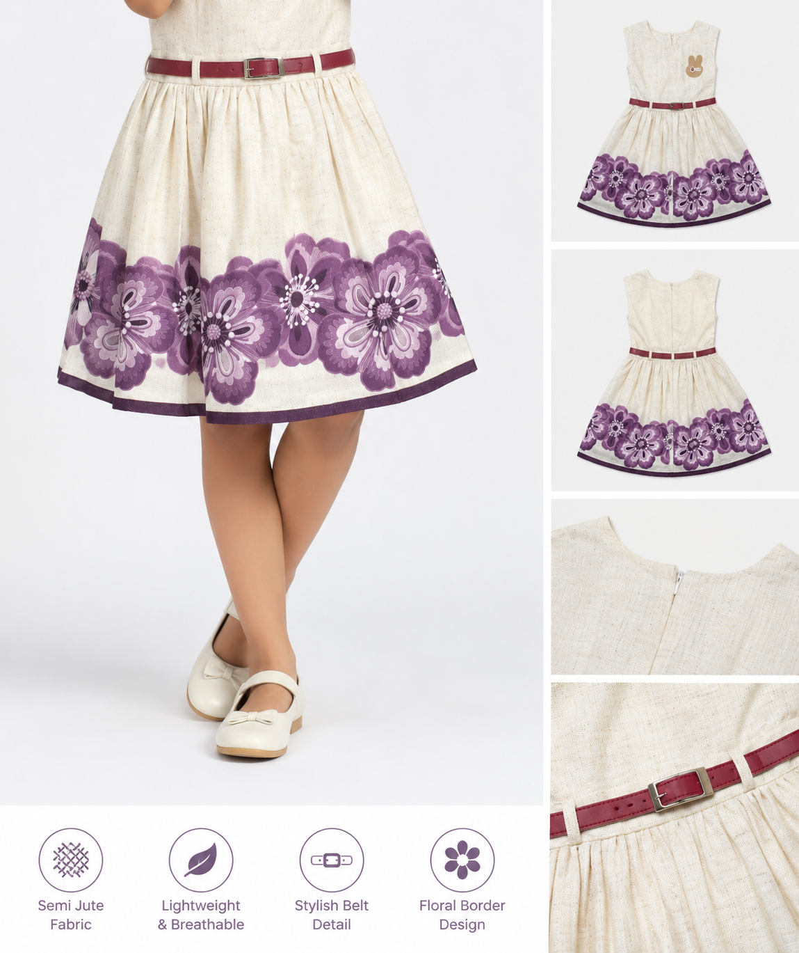 Kids' Floral Border Semi-Jute Frock with Contrast Belt