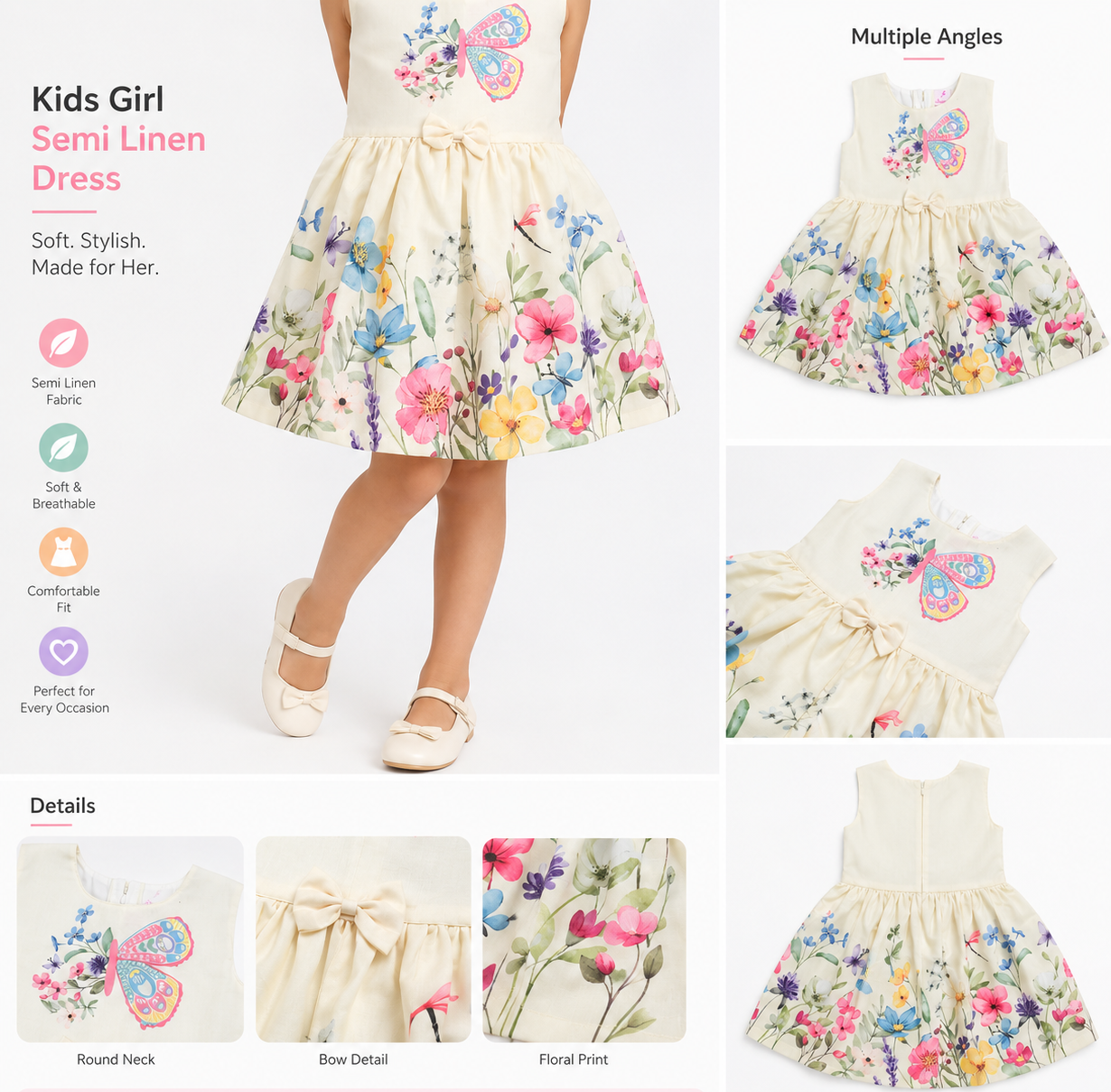 Elegant Butterfly & Floral Semi-Linen Kids' Frock