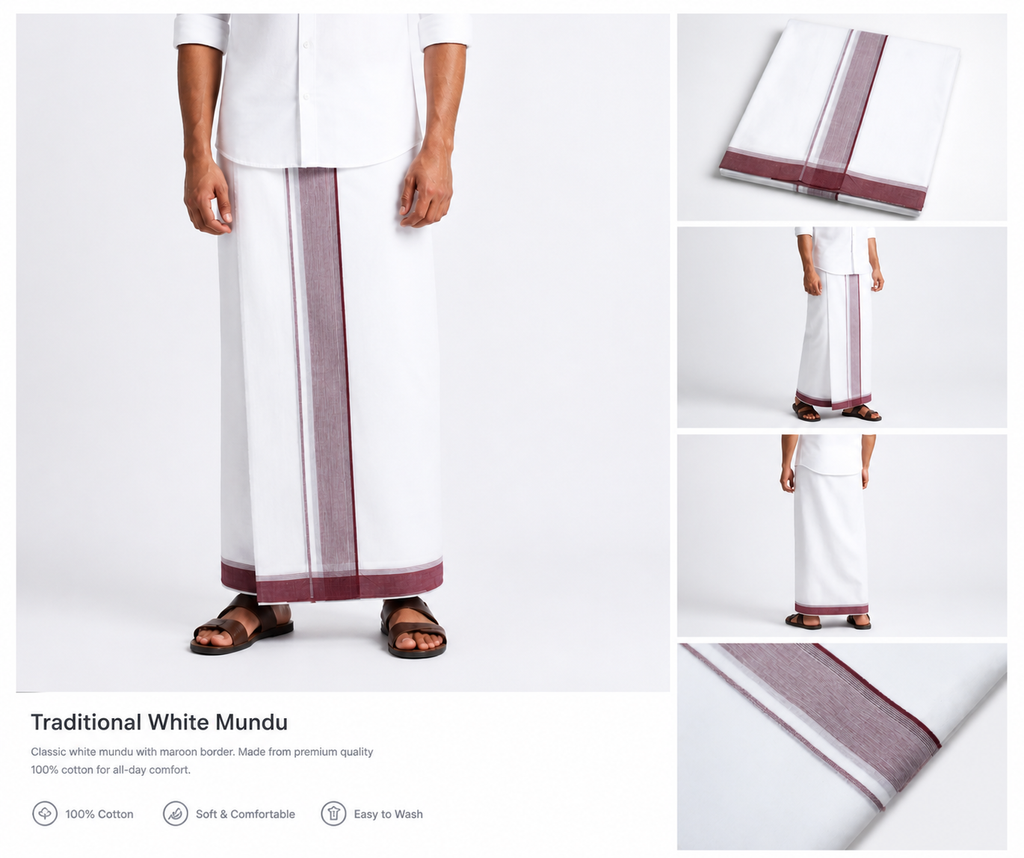 Premium Pure Cotton Double Mundu with Maroon Striped Border