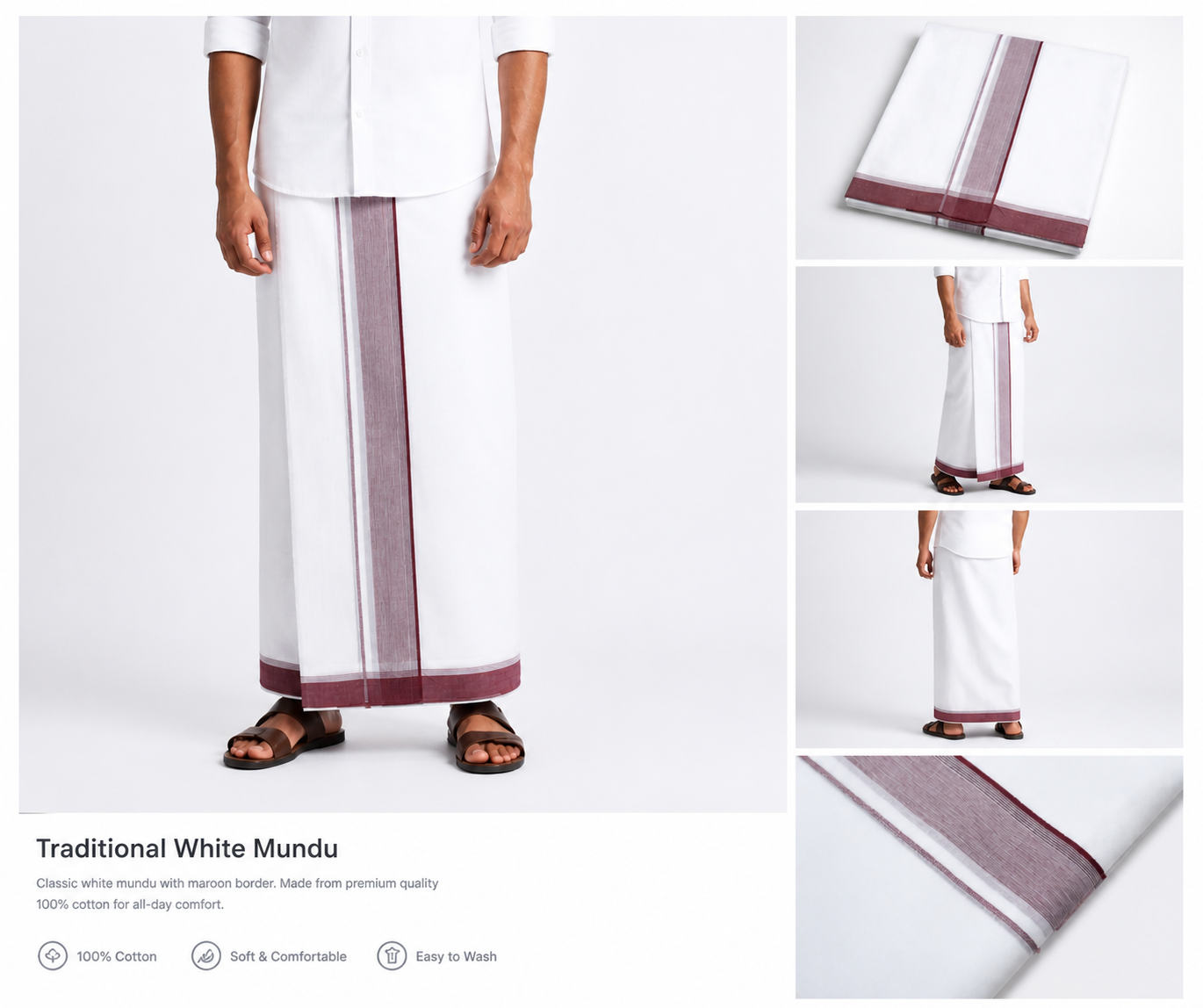 Premium Pure Cotton Double Mundu with Maroon Striped Border