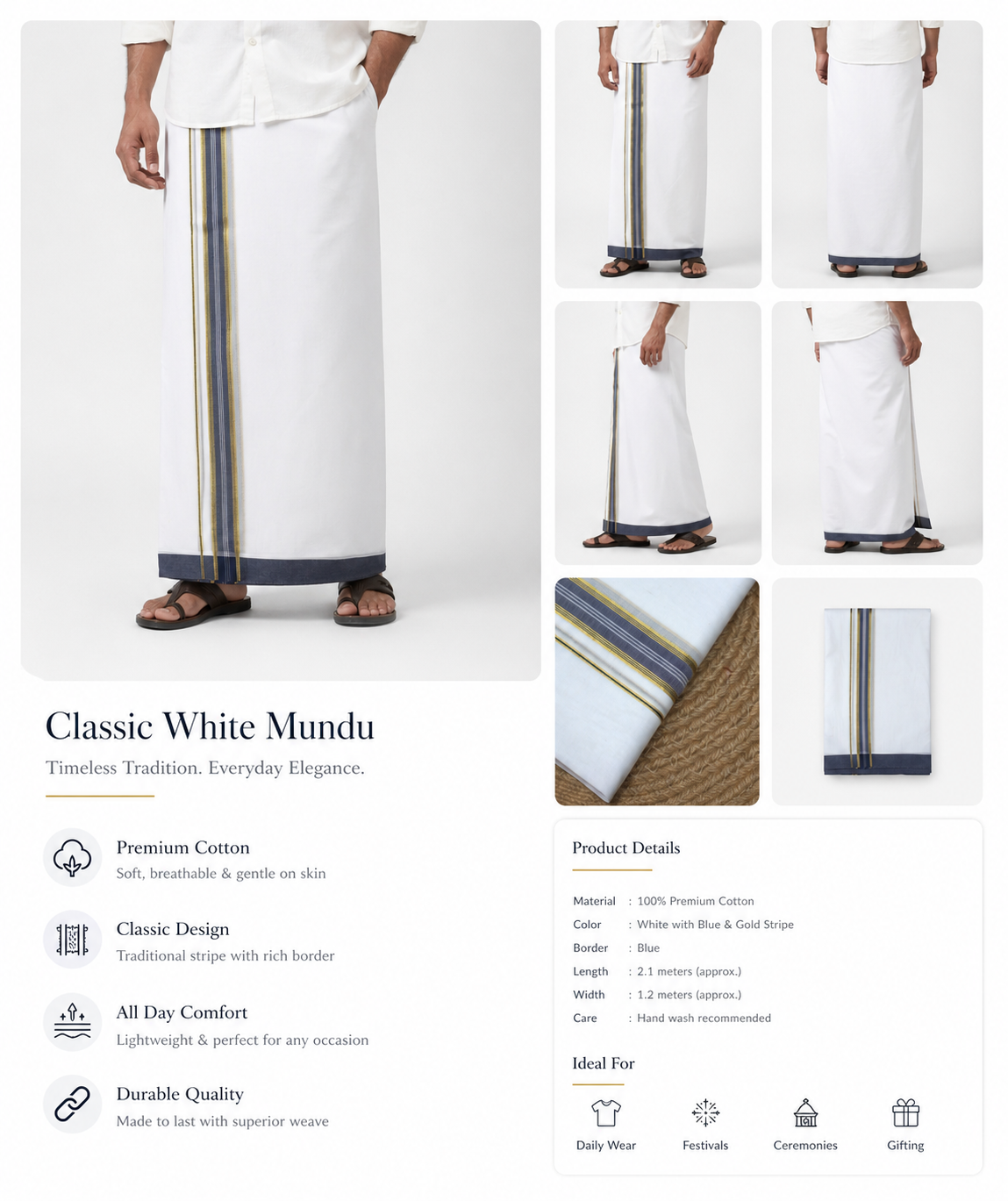 Premium White Cotton Double Mundu with Gold & Grey Kasavu Border