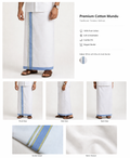 Premium White Cotton Double Mundu with Sky Blue & Gold Kasavu Border