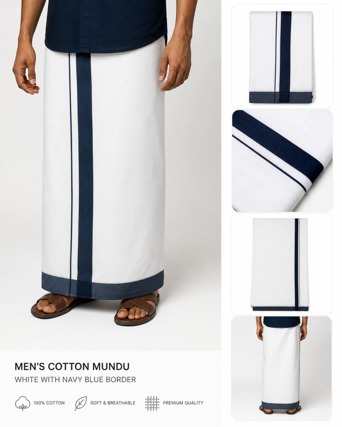 Premium White Cotton Double Mundu with Navy Blue Border