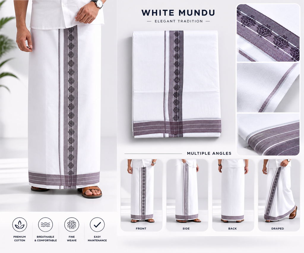 Premium Pure Cotton White Double Mundu with Brown Ethnic Border