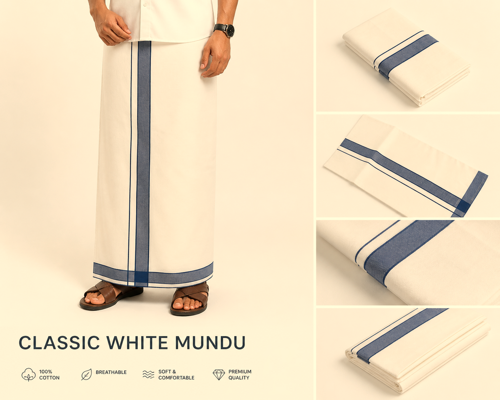 Premium kodi Cotton Mundu with Blue Kasavu Border – Traditional Kerala Dhoti