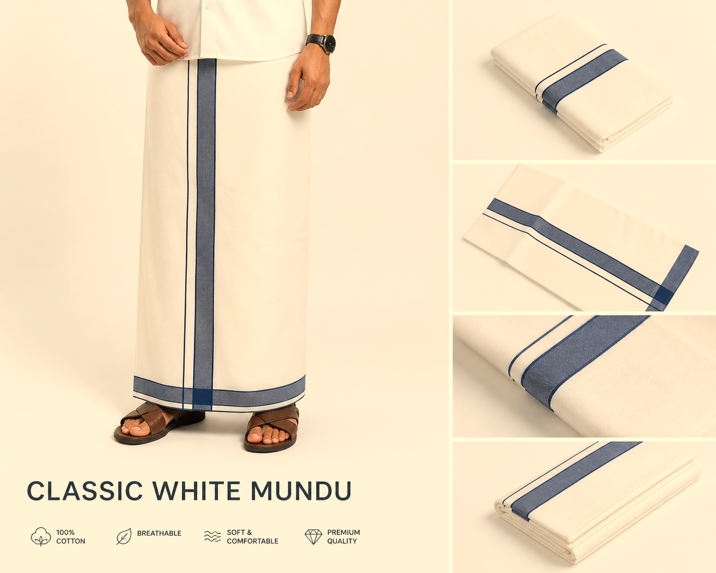 Premium kodi Cotton Mundu with Blue Kasavu Border – Traditional Kerala Dhoti