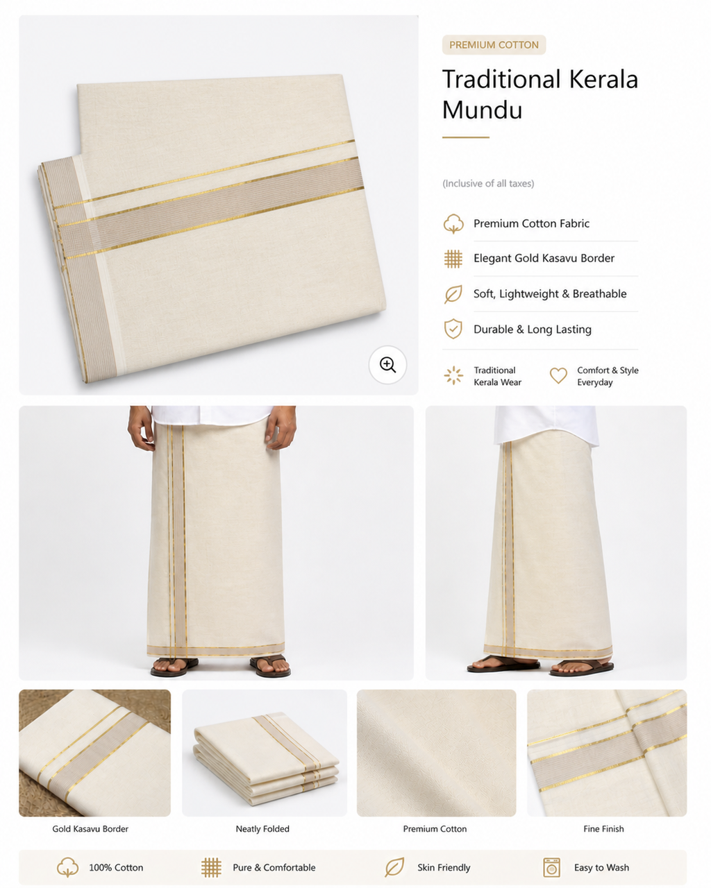 Premium Kodi Colour Cotton Double Mundu with Golden Zari Border