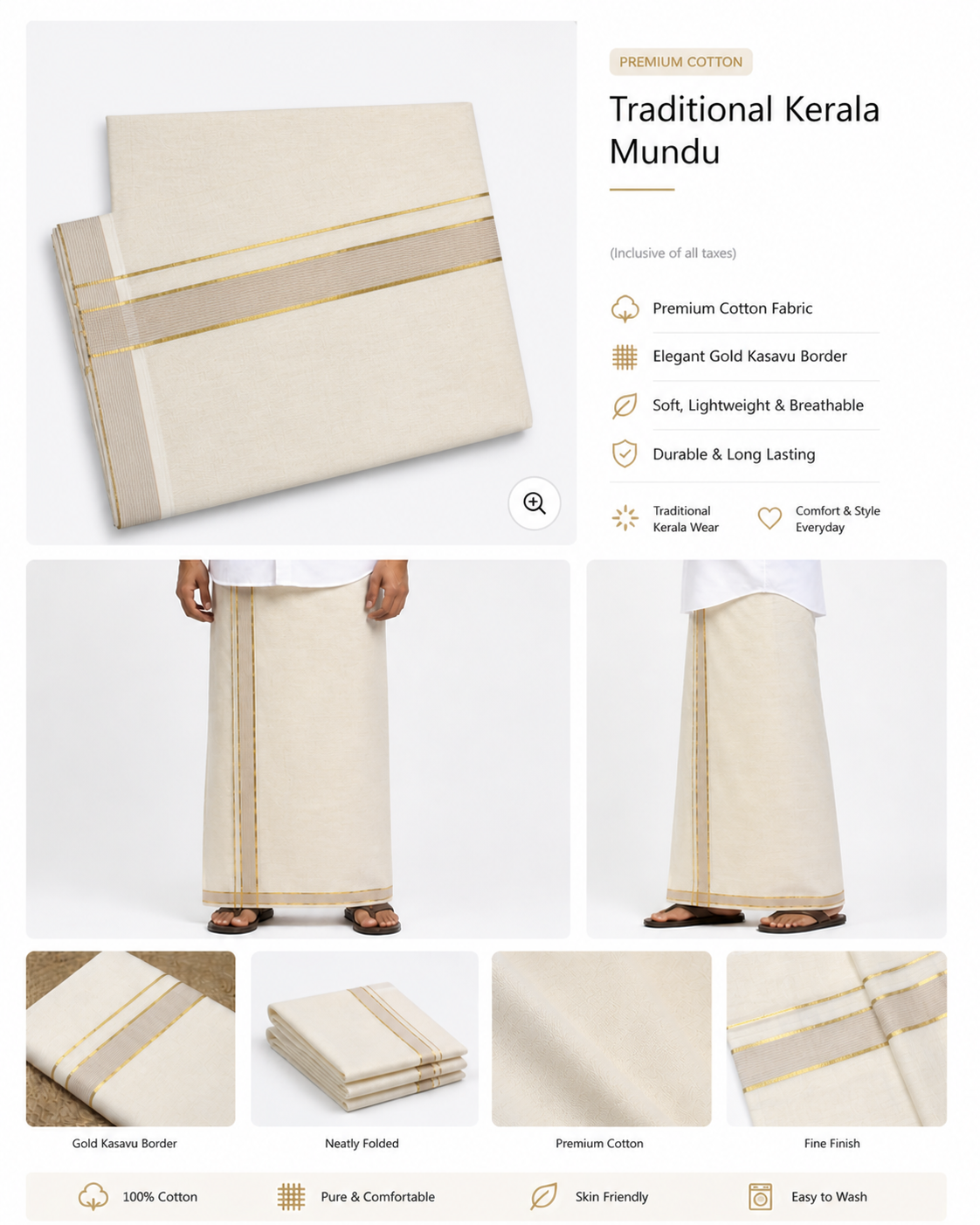 Premium Kodi Colour Cotton Double Mundu with Golden Zari Border