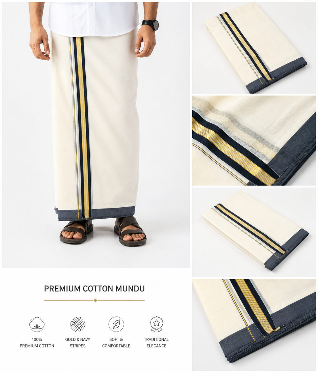 Premium codi Cotton Double Dhoti (Mundu) with Charcoal Black and Gold Border