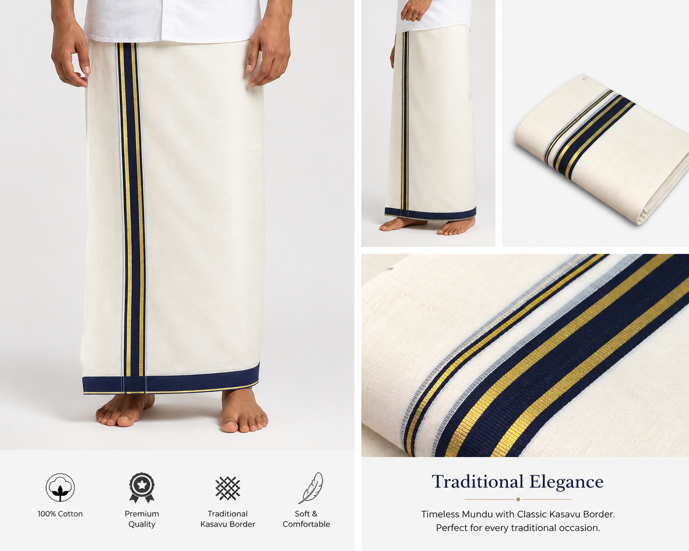 Premium Cotton Double Codi Mundu – Charcoal Blue & Gold Border