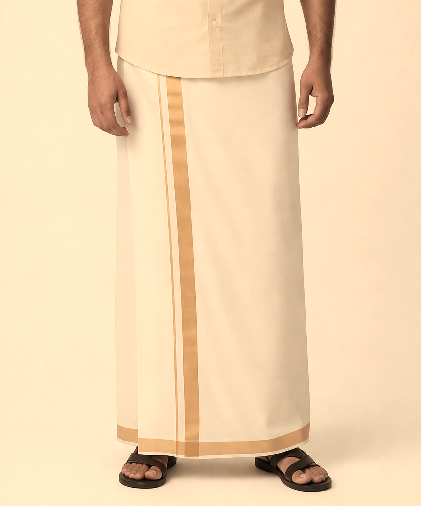 Premium Kerala Kasavu Mundu – Traditional cream & Gold Border Dhoti