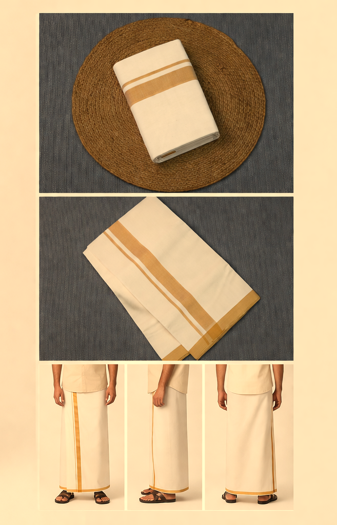 Premium Kerala Kasavu Mundu – Traditional cream & Gold Border Dhoti