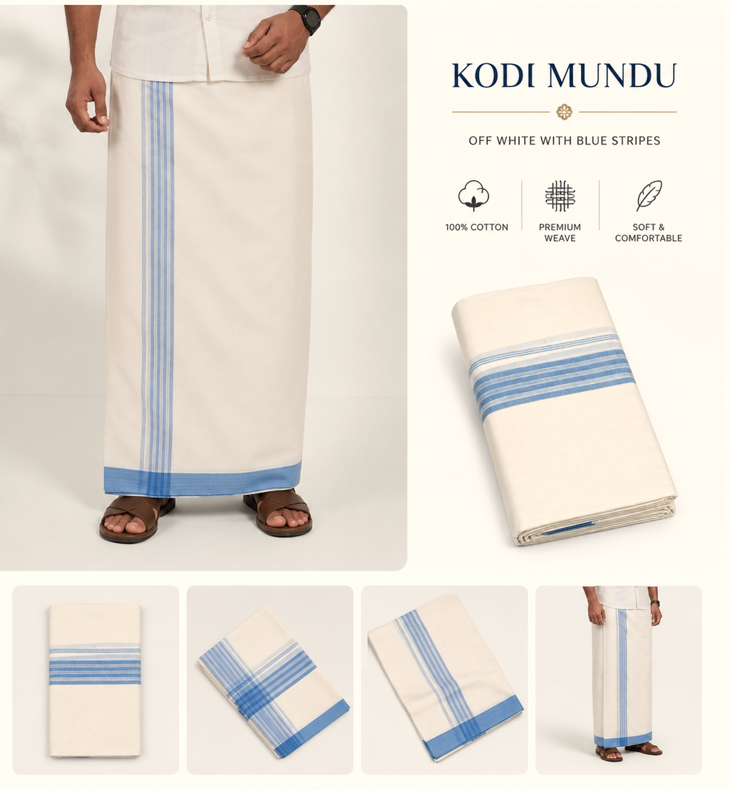 Off White Cotton Double Mundu with Sky Blue Kara | Traditional Kerala Kodi Mundu