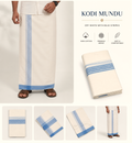 Off White Cotton Double Mundu with Sky Blue Kara | Traditional Kerala Kodi Mundu