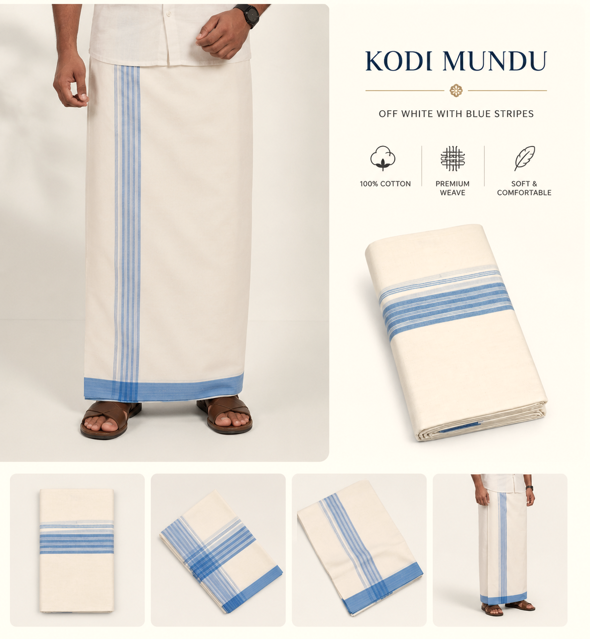 Off White Cotton Double Mundu with Sky Blue Kara | Traditional Kerala Kodi Mundu