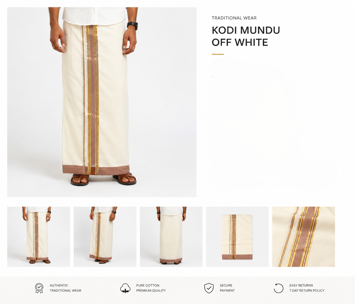 Premium Off White Kodi Cotton Double Mundu with Golden Kasavu & Sandal Border