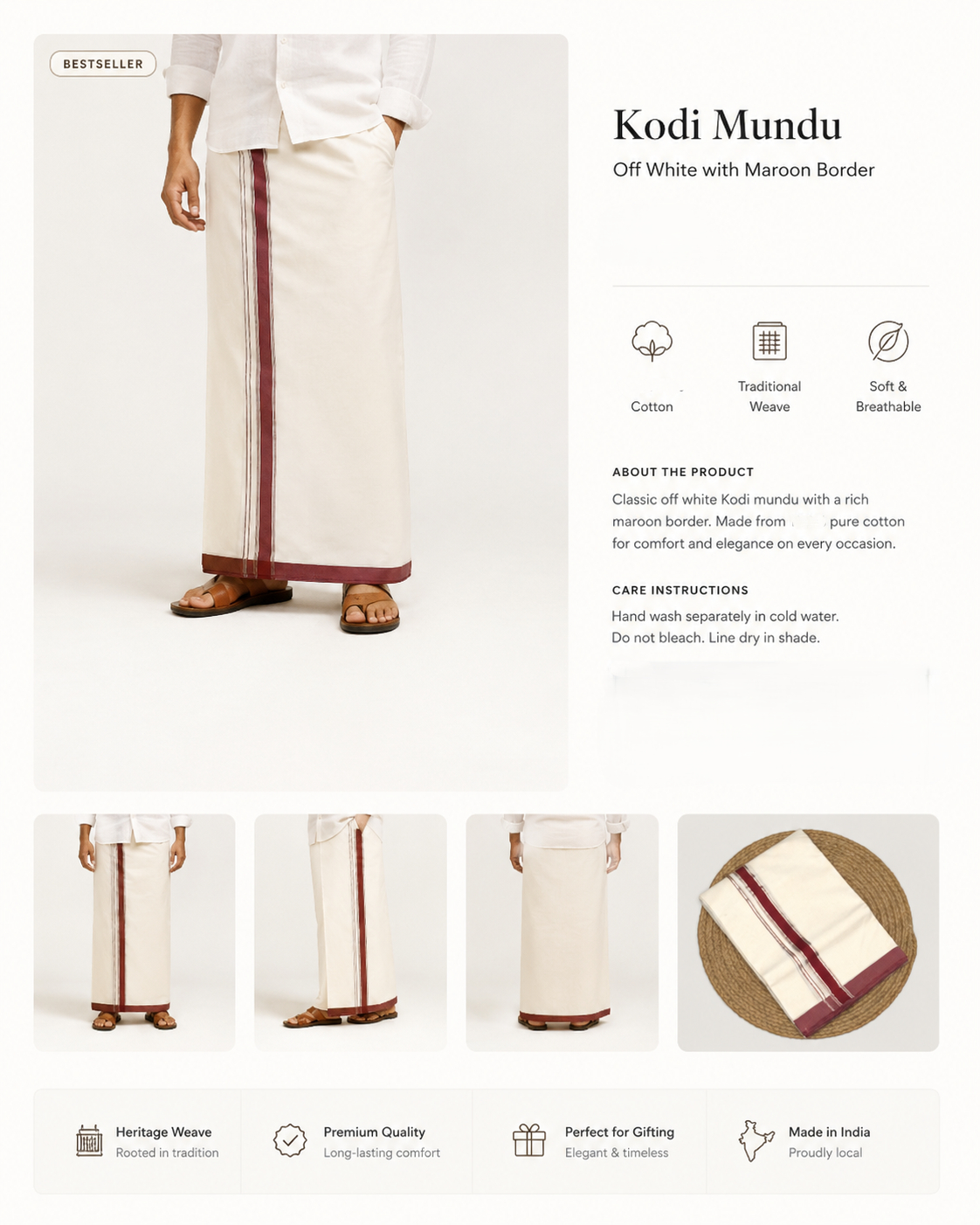 Traditional Off-White Cotton Double Mundu with Maroon Border (Kodi Mundu
