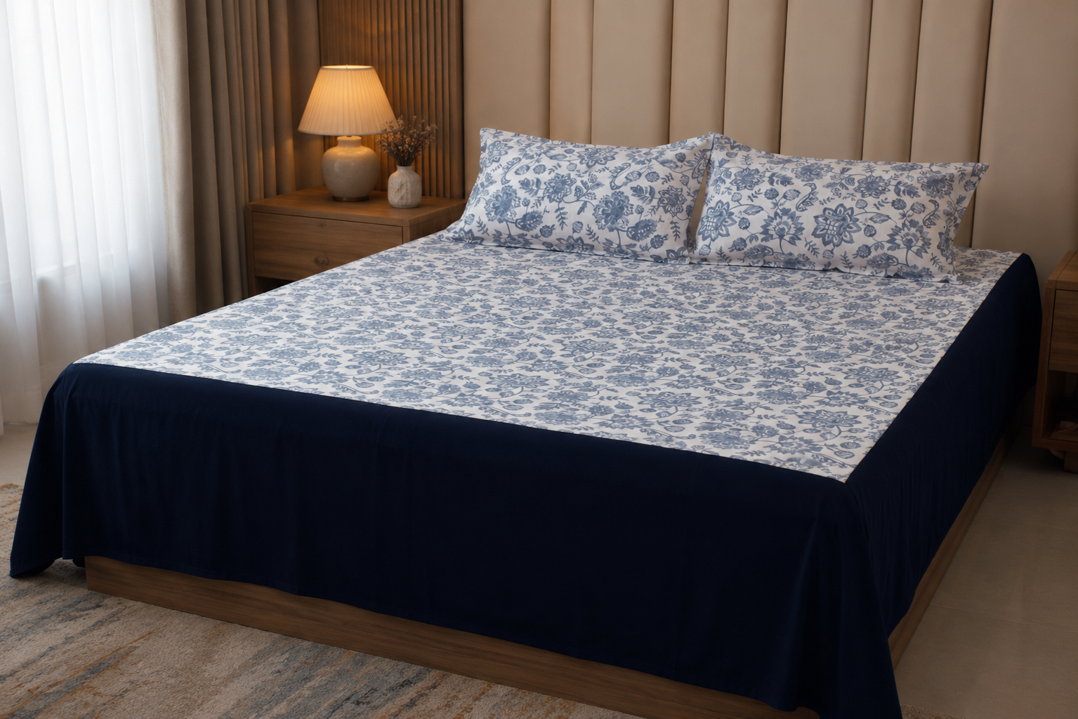 Premium King Size Floral Cotton Bedspread with Navy Border (100" x 110")