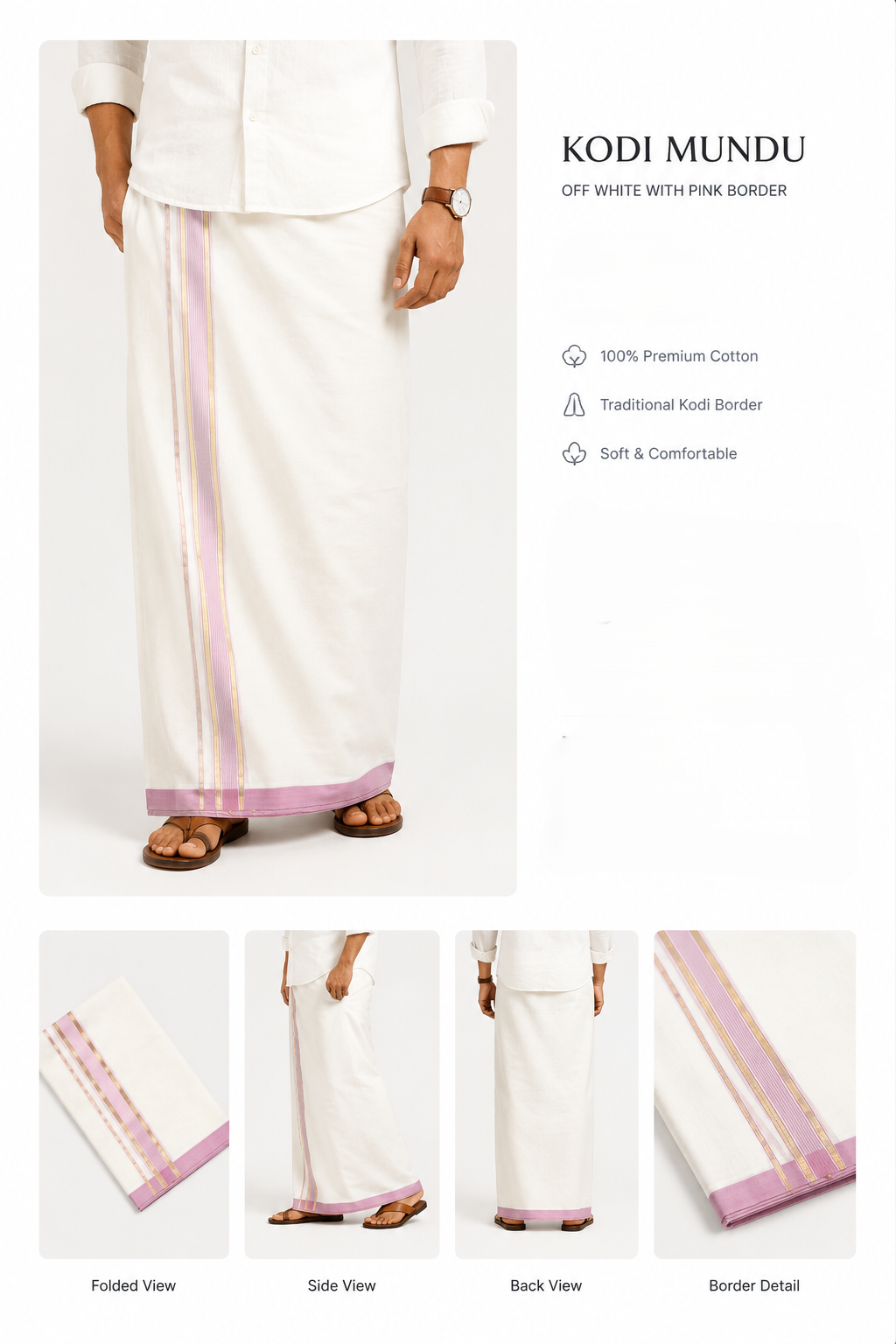 Elegant Off-White Cotton Double Kodi Mundu with Pink & Gold Border