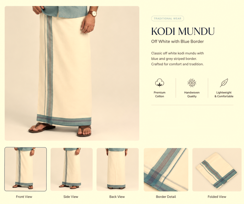 Off-White Cotton Double Mundu with Teal & Maroon Border