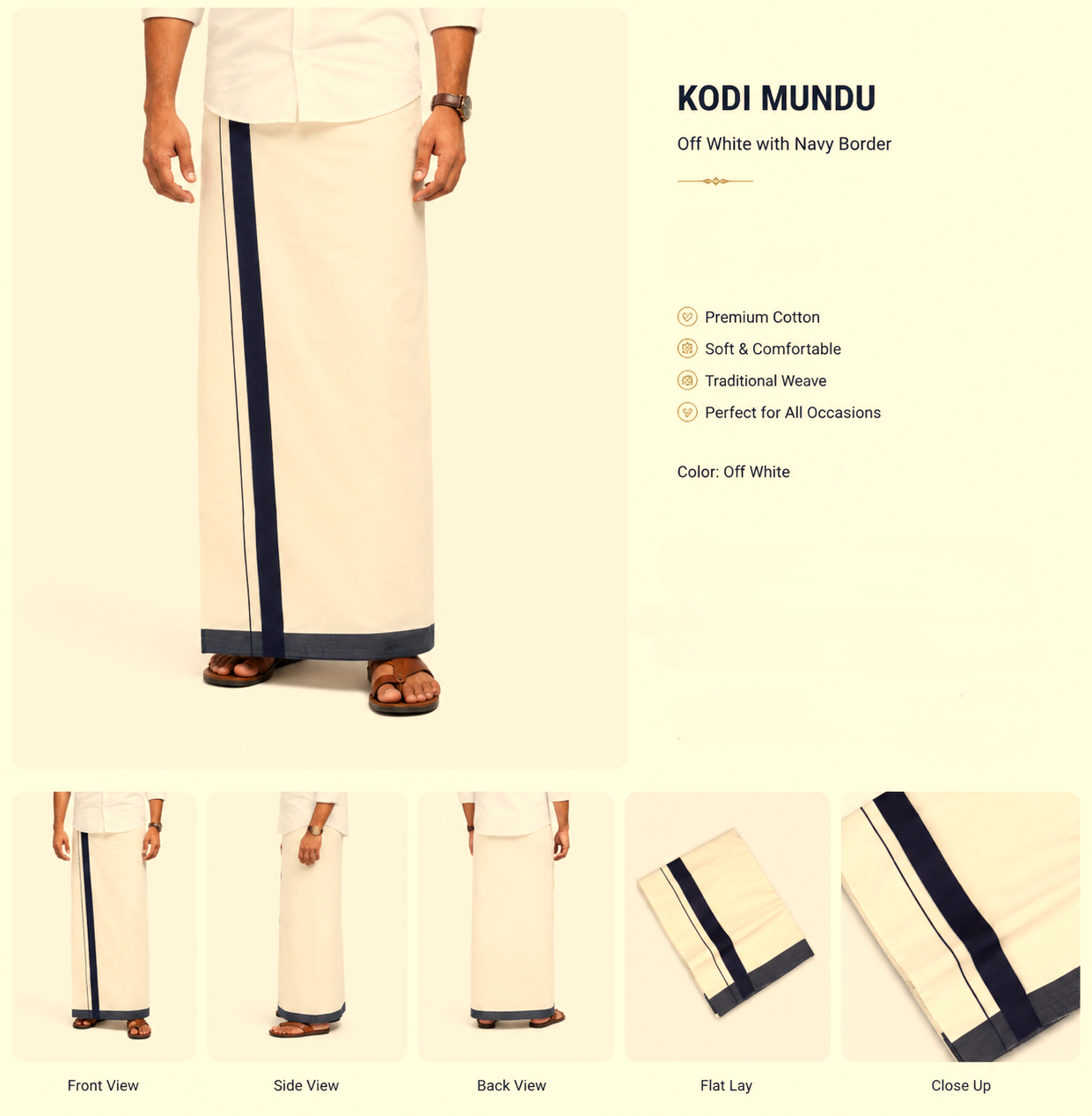 Off-White Cotton Double Kodi Mundu with Navy Blue Border