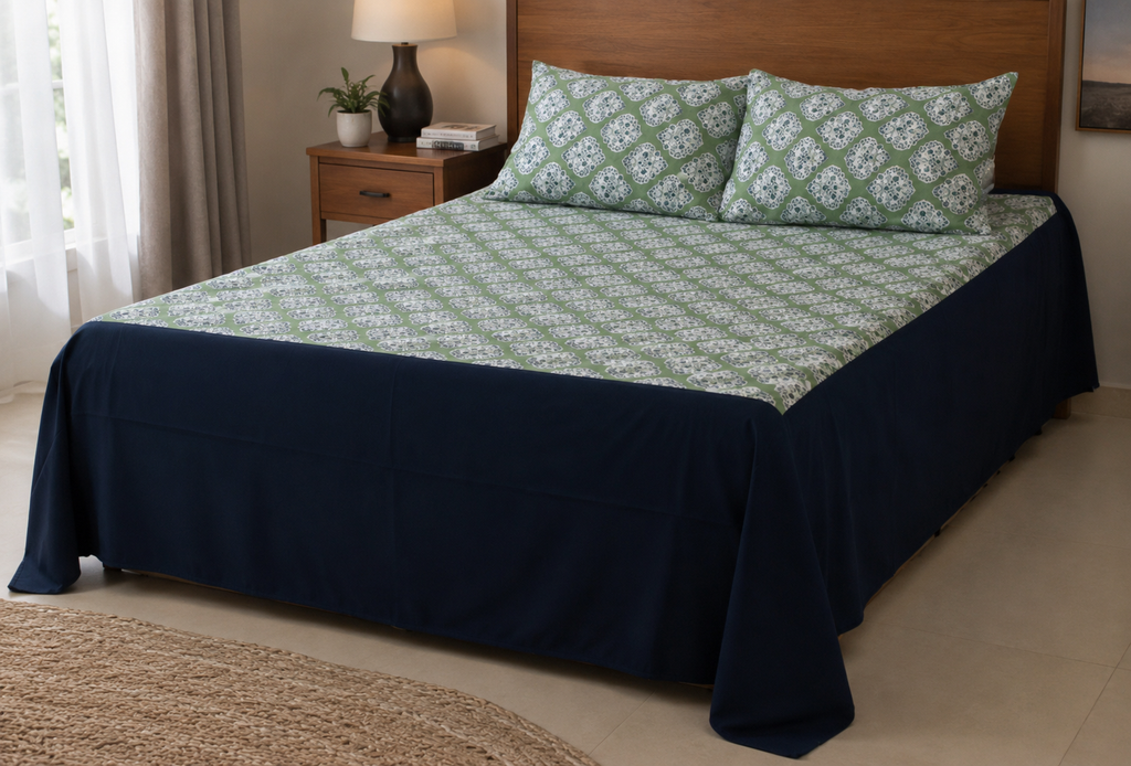 Premium Floral Sage Green Cotton King Size Bedspread with Navy Blue Border
