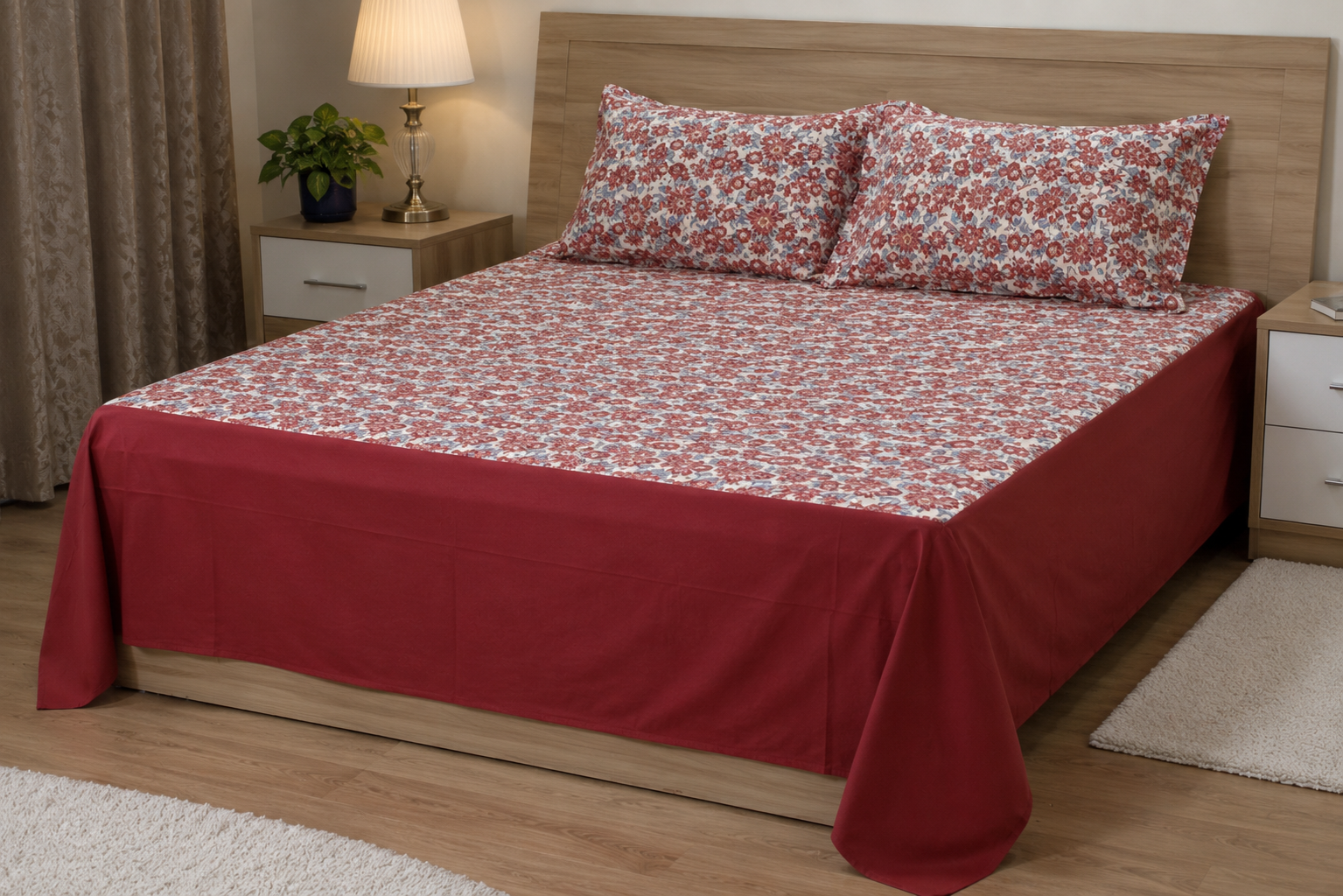 Premium Floral King Size Cotton Bedspread (100"x110") with Matching Pillow Covers - Maroon & Cream