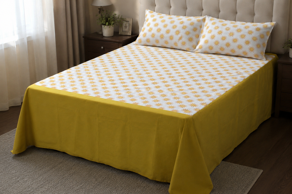 Radiant Mustard Sunburst Cotton King Size Bedspread Set