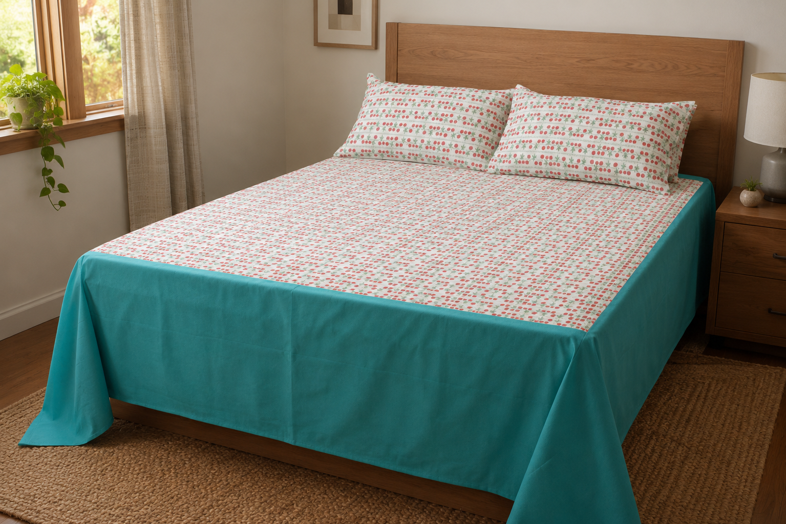 Primary: Premium Cotton King Size Bedspread - Cherry Vine Print with Teal Border (100" x 110")