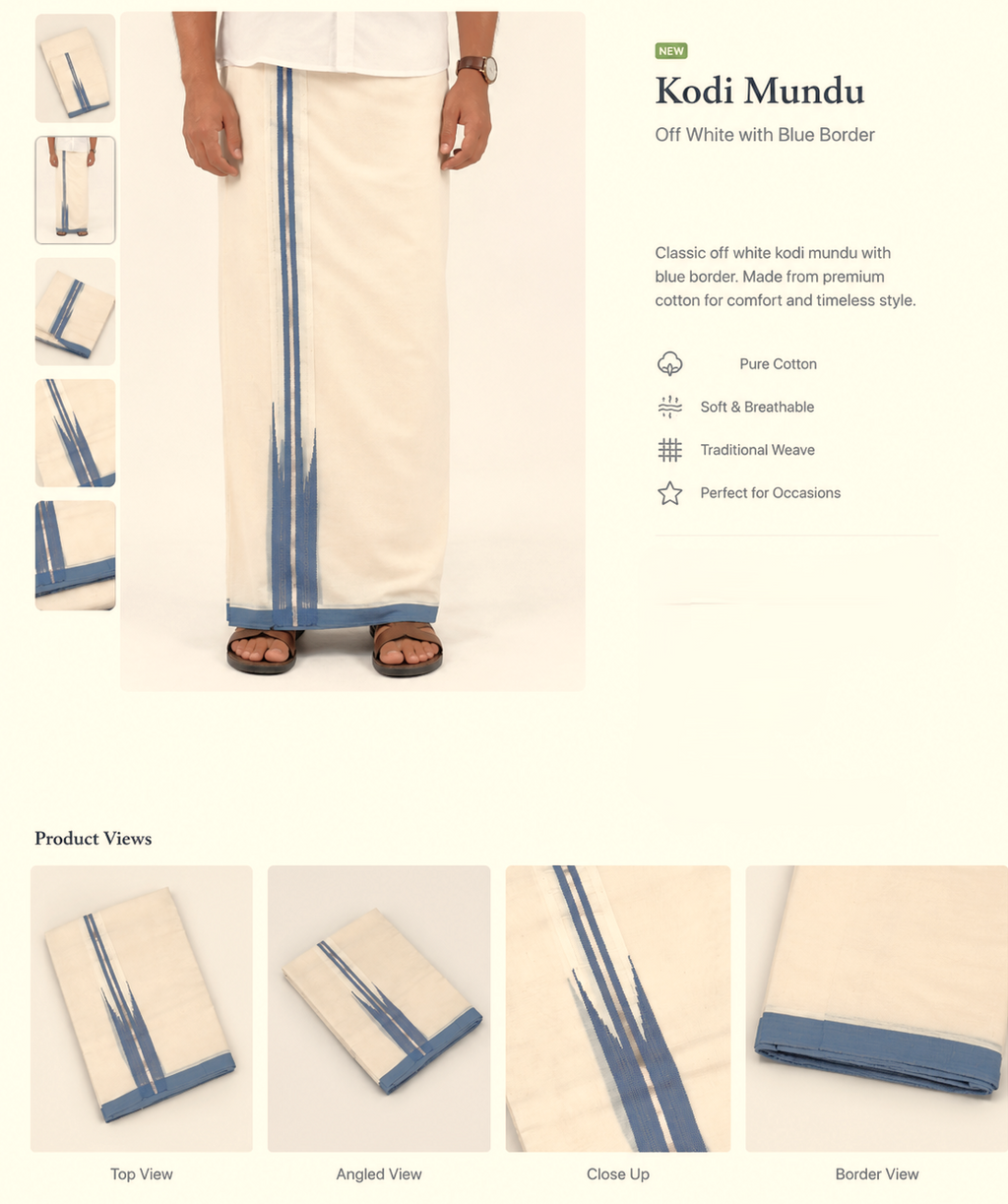 Elegant Off-White Cotton Double Mundu with Blue & Silver Border (Kodi Mundu)