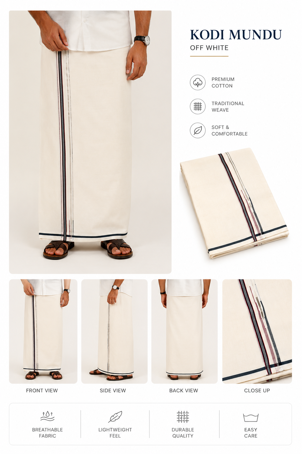 Classic Off-White Cotton Double Mundu with Multi-Color Maroon & Navy Border