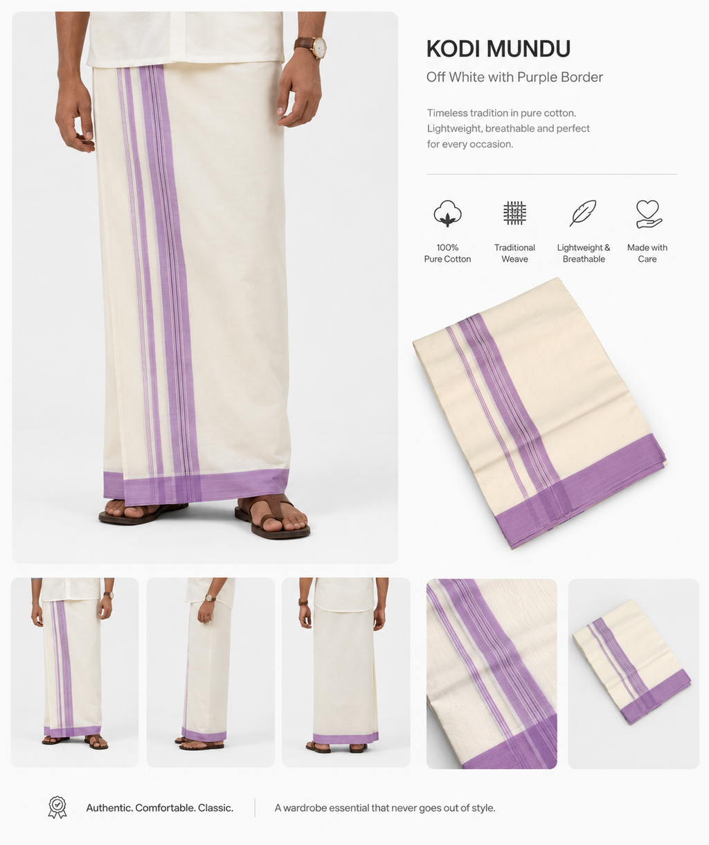 Premium Off-White Cotton Kodi Mundu with Purple Border