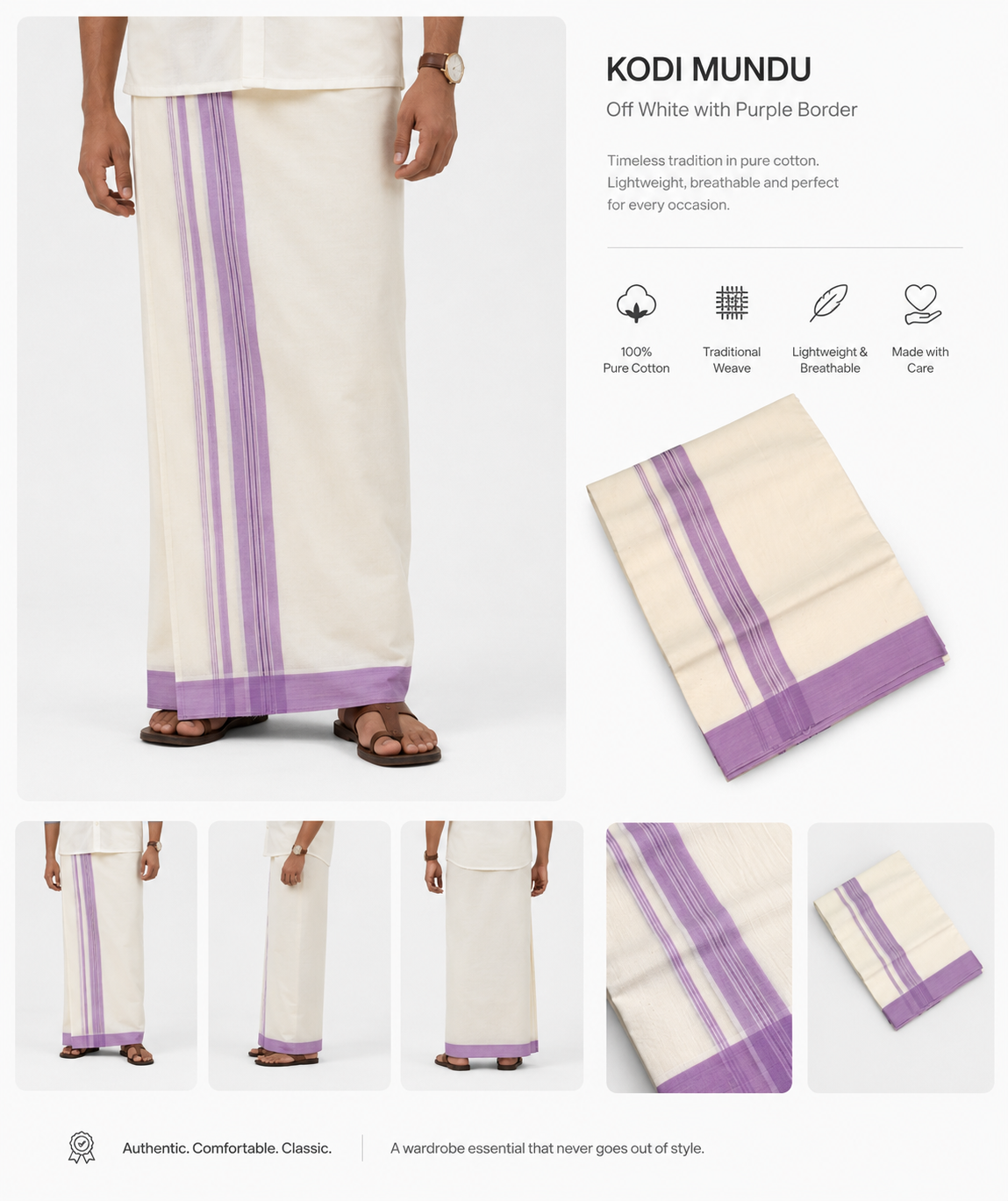 Premium Off-White Cotton Kodi Mundu with Purple Border
