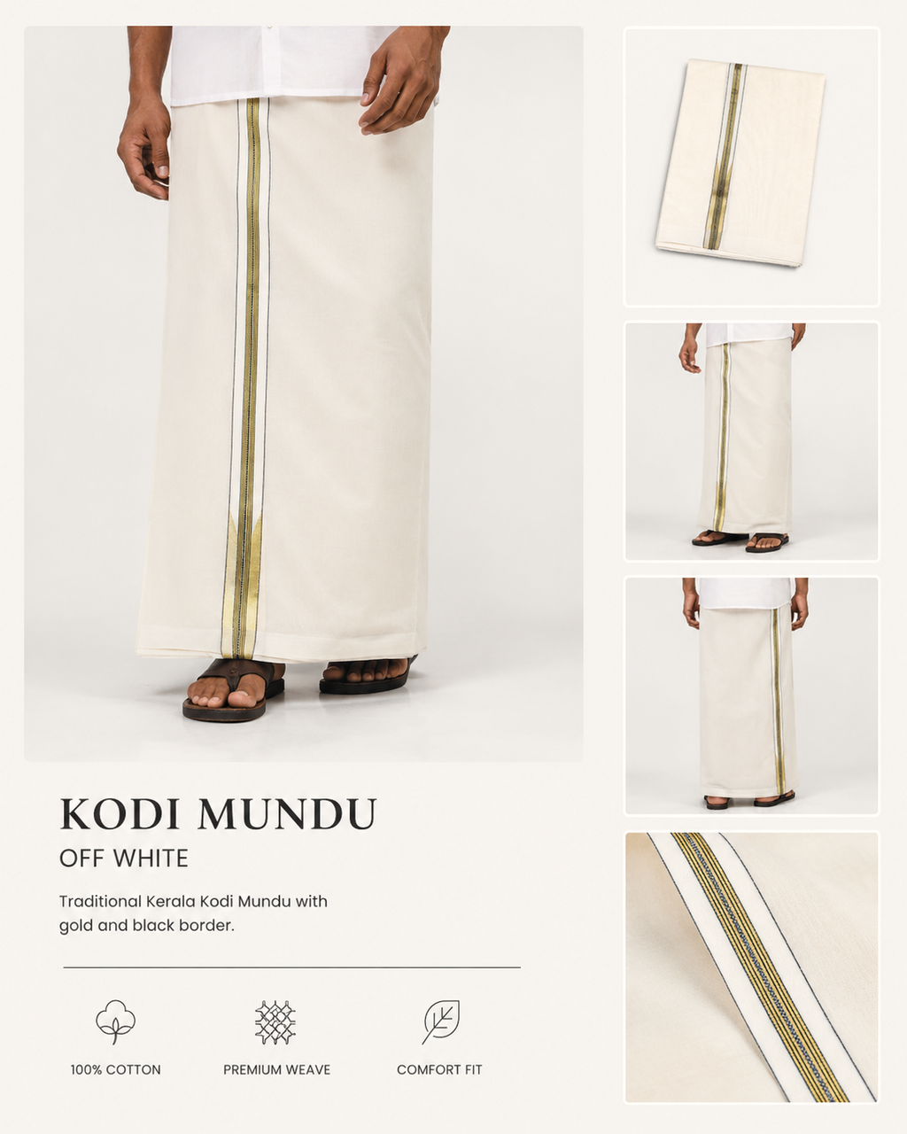 Premium Off-White Cotton Double Mundu with Golden Zari Border (Kodi Mundu)