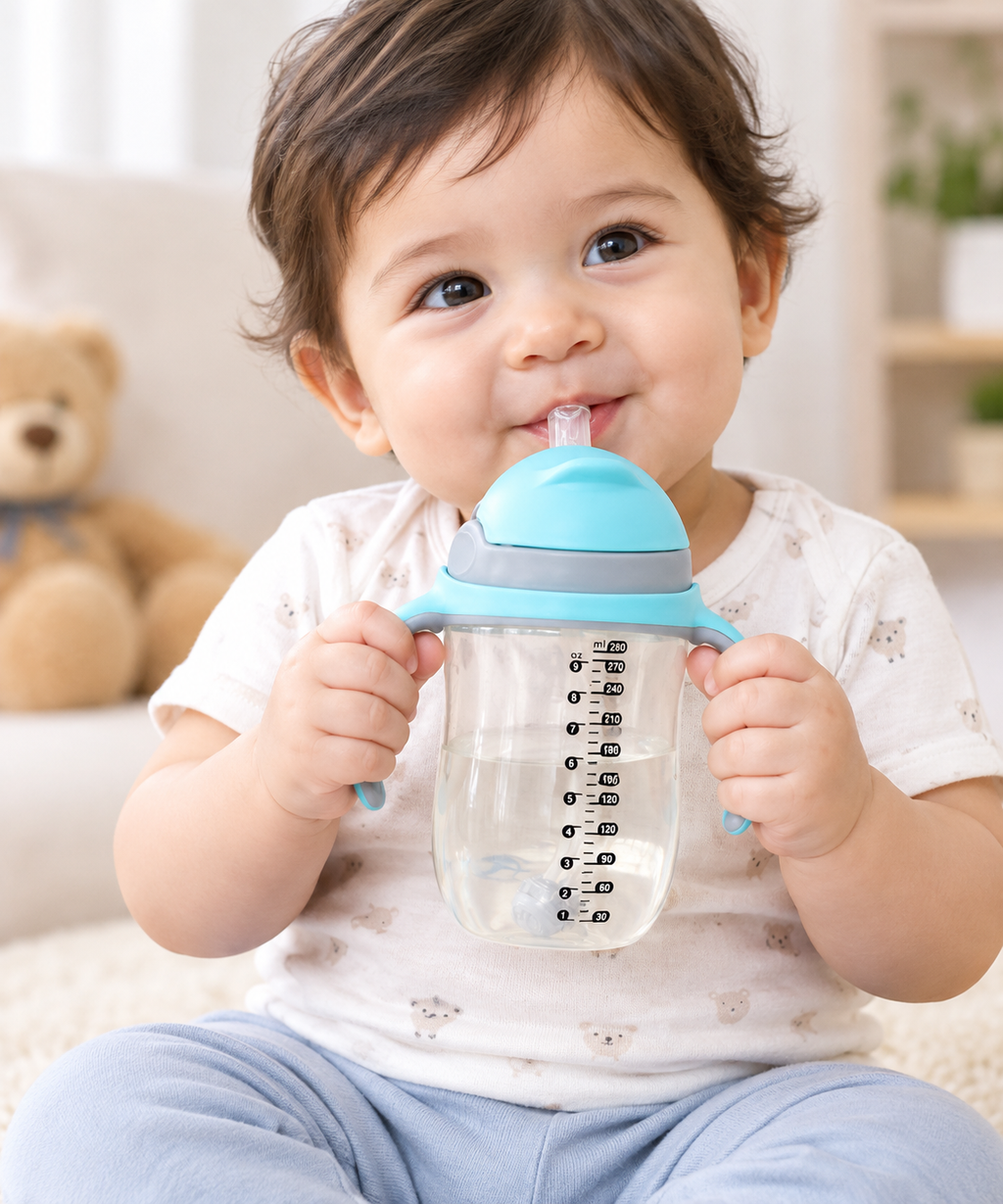 Baby Training Sipper Bottle with Silicone Straw & Easy-Grip Handles (280ml) – Turquoise Blue