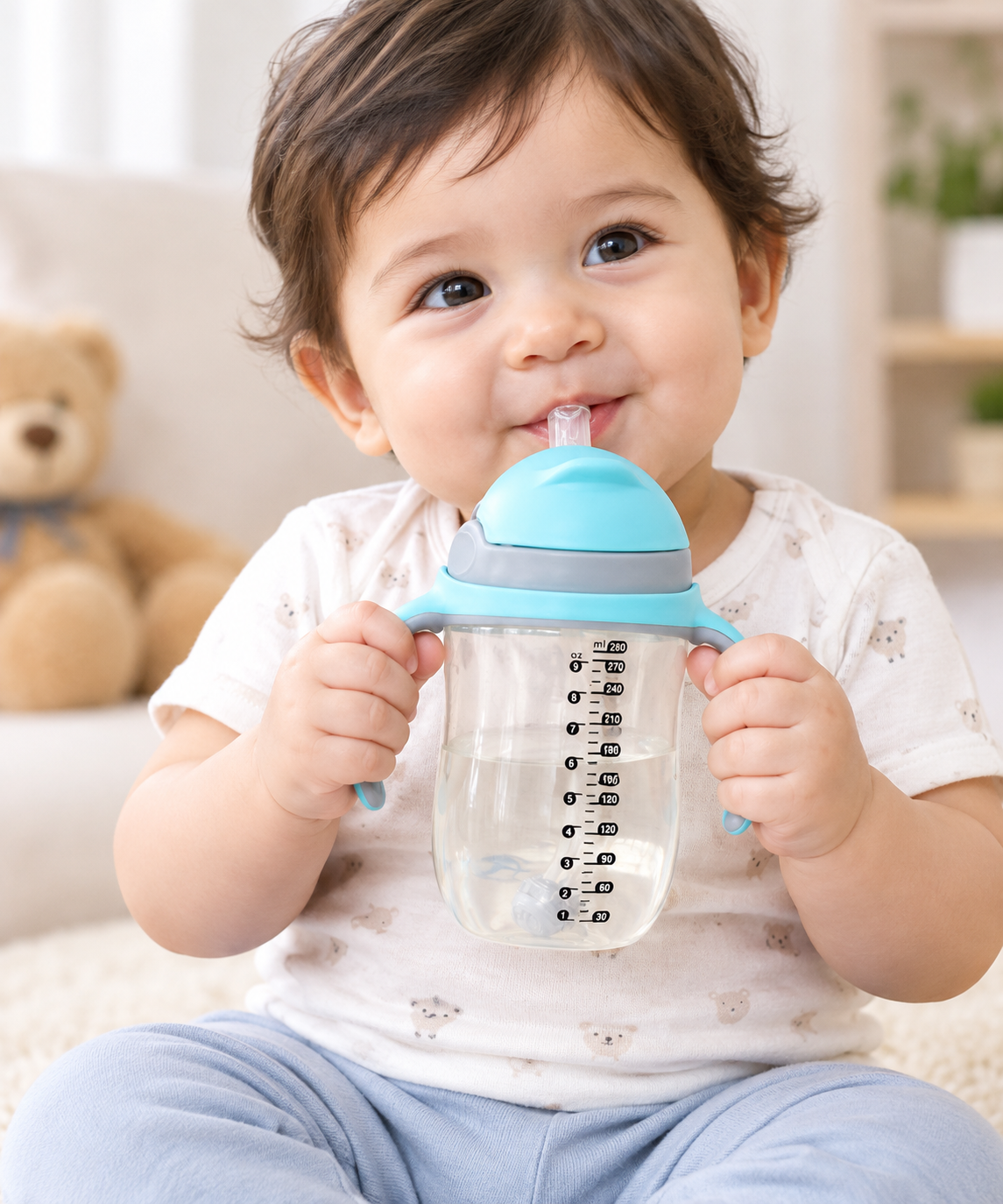 Baby Training Sipper Bottle with Silicone Straw & Easy-Grip Handles (280ml) – Turquoise Blue