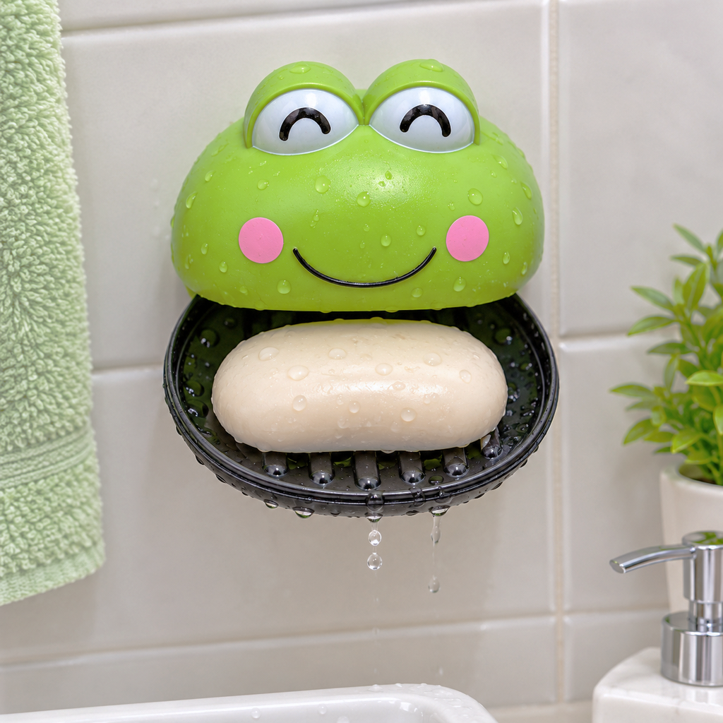 Cute Cartoon Frog Soap Dish with Lid & Removable Draining Tray