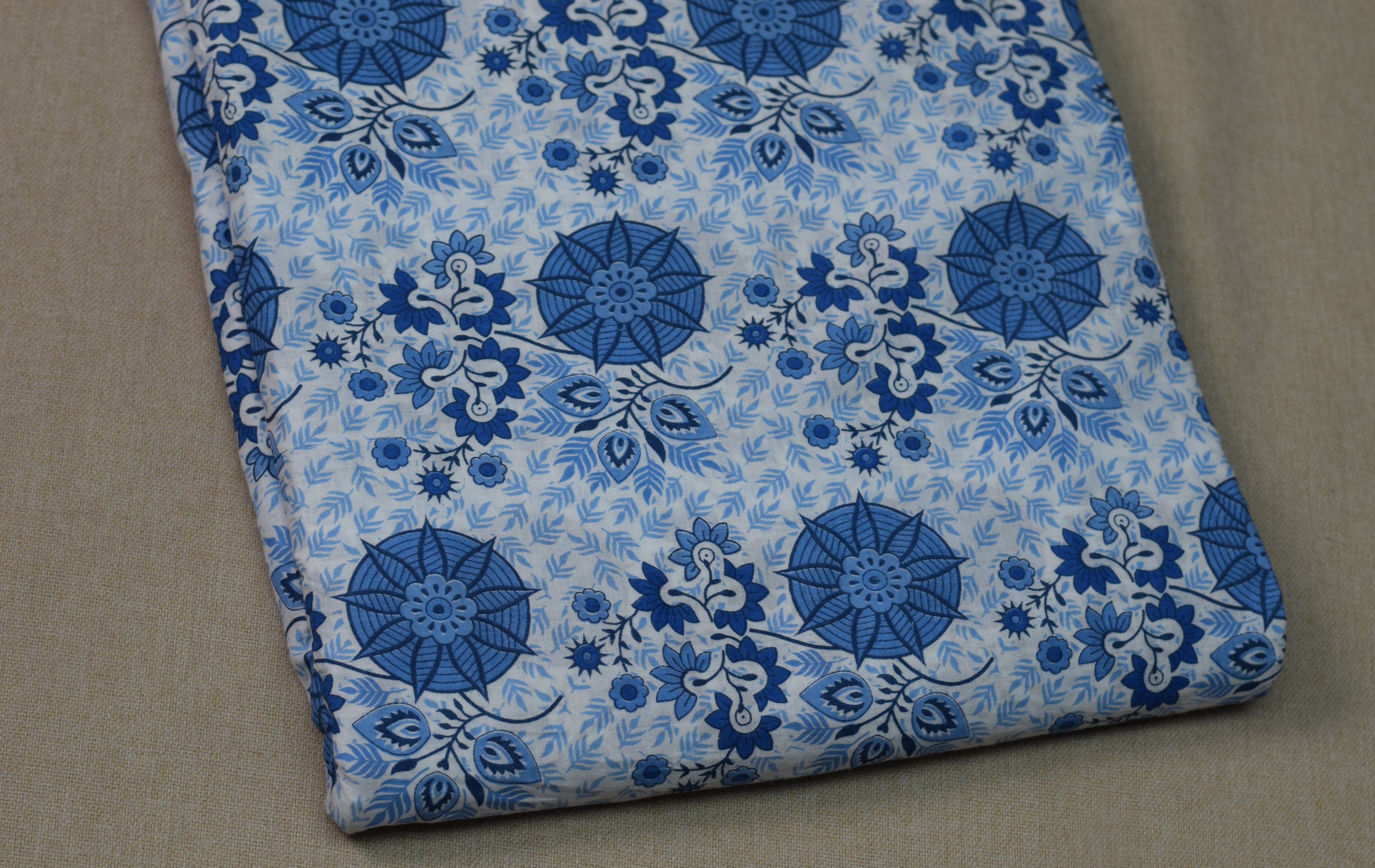 Soft Cotton Blue Floral Printed Dress Material Set – Top & Bottom Fabric | 44" Width