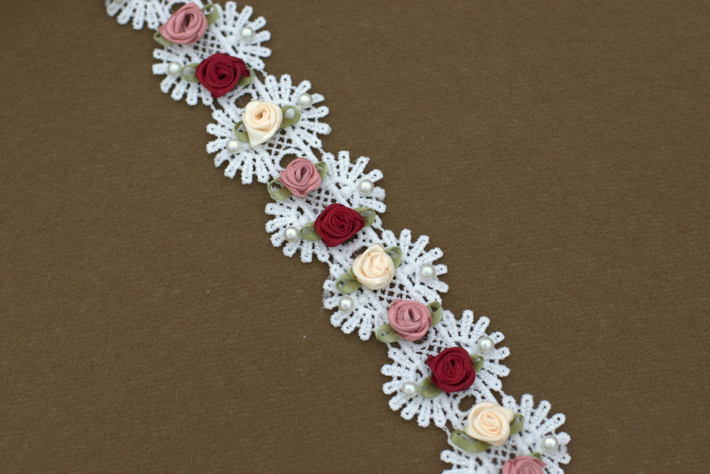 Imported Floral Lace Trim with Rose Embellishments – 5 Meter / 10 Meter Premium Lace