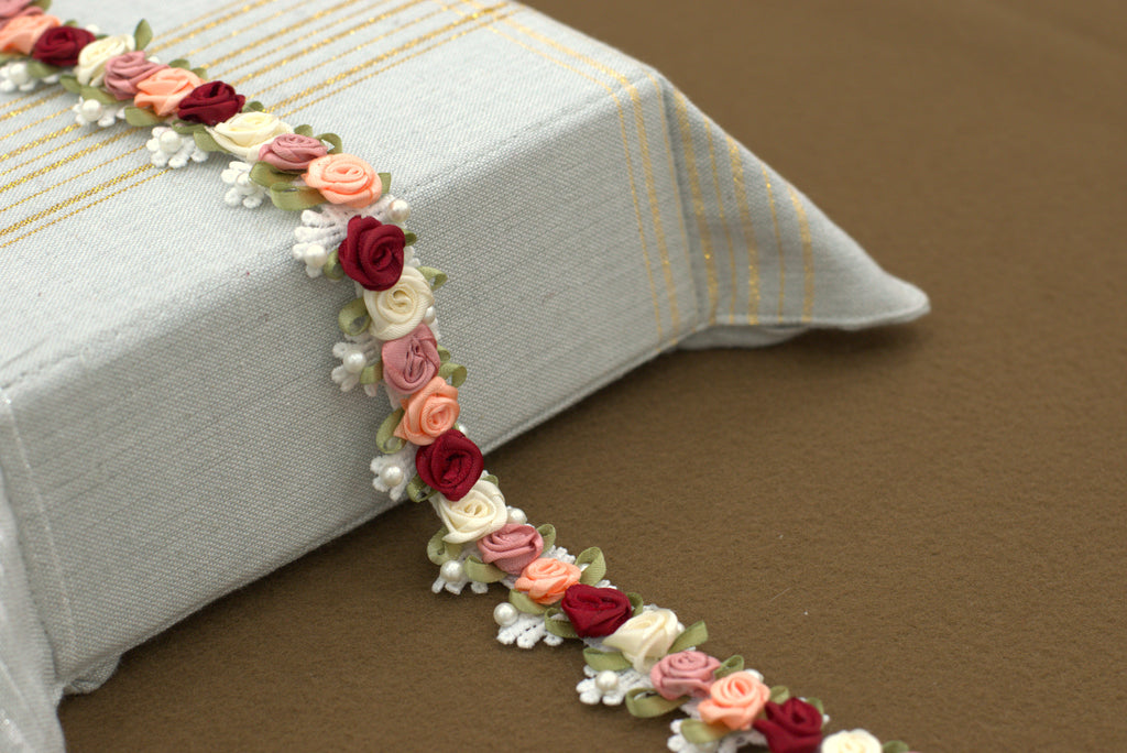 Imported 3D Floral Rose Lace Trim – Multicolor Embellished Lace (5m / 10m)