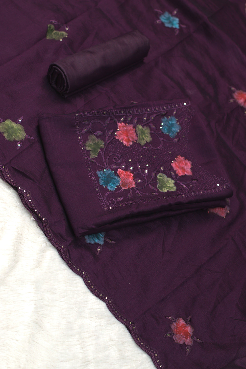 Vichitra Silk Churidar Material with Floral Embroidery