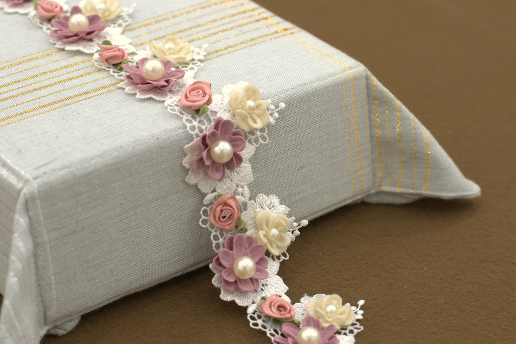 Imported 3D Floral Lace Trim with Pearl Embellishments – 5 Meter / 10 Meter