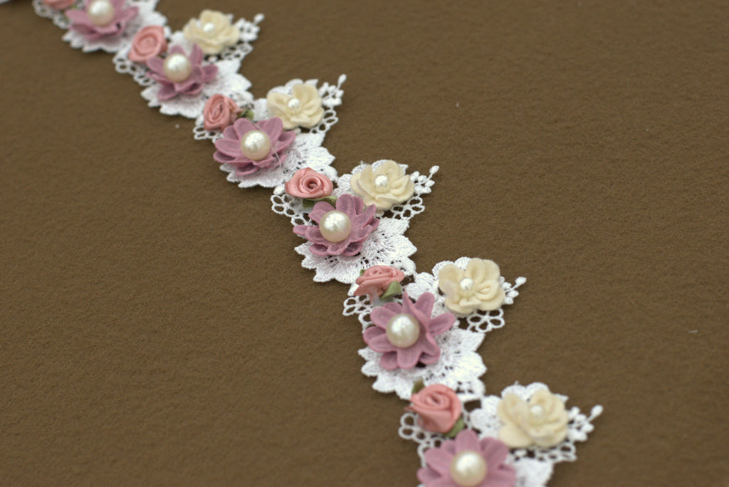 Imported 3D Floral Lace Trim with Pearl Embellishments – 5 Meter / 10 Meter
