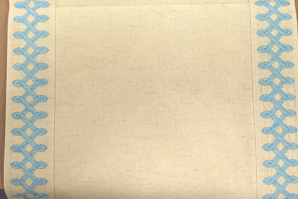 Beige Table Runner with Blue Embroidered Border - View 3 - Embroidered - Nushio
