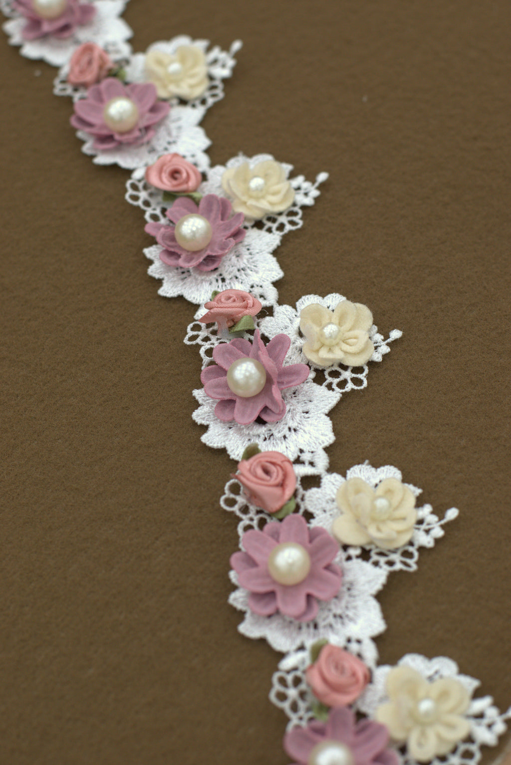 Imported 3D Floral Lace Trim with Pearl Embellishments – 5 Meter / 10 Meter